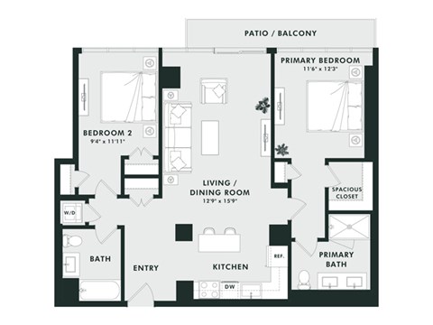 Floor plan for 2 beds, 2 baths, 1090 sqft